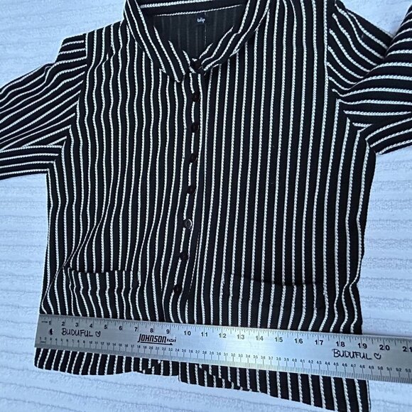 Tulip Women Textured Striped Button Up Blouse Shirt Top Small Black White Casual - Picture 7 of 8